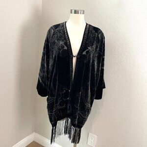 Jenny Helene Womens XL Kimono Velvet Jacket Black Fringe Bohemian Silk Blend